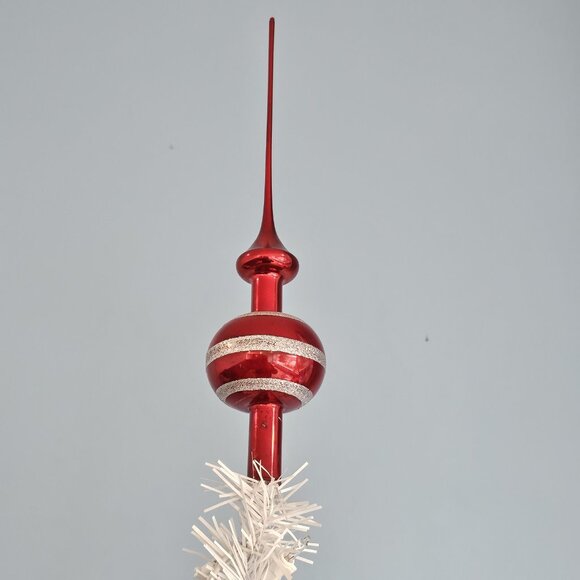 Vintage Glass Christmas Tree Topper Red With Silver Glitter Stripes 11.5" Long - Picture 1 of 7